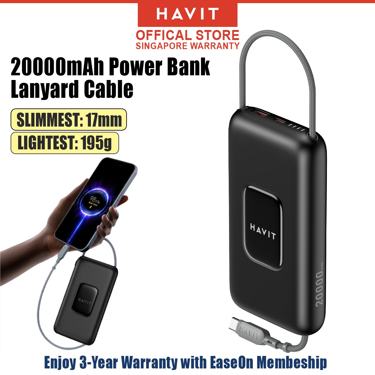 Havit Built-in Cable Power Bank | 10000mAh/20000mAh | 22.5W PD | Lanyard Design