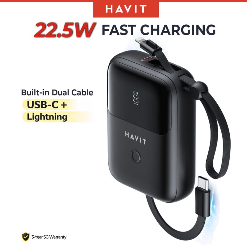 Havit Power Bank 10000mAh | 22.5W Fast Charging | Built-in USB-C & Lightning Cable