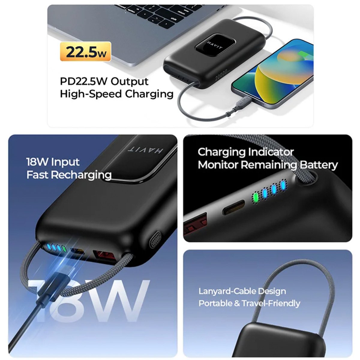 Havit Built-in Cable Power Bank | 10000mAh/20000mAh | 22.5W PD | Lanyard Design - Image 2