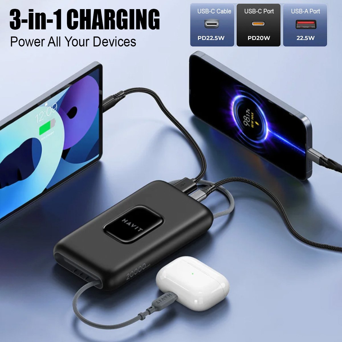 Havit Built-in Cable Power Bank | 10000mAh/20000mAh | 22.5W PD | Lanyard Design - Image 3