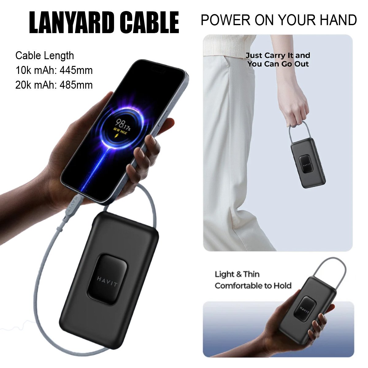 Havit Built-in Cable Power Bank | 10000mAh/20000mAh | 22.5W PD | Lanyard Design - Image 4