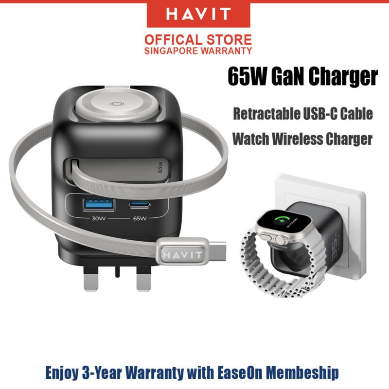 Havit 65W 35W GaN Charger | Built-In USB-C Retractable Cable | Fast Charge | Laptop Charger