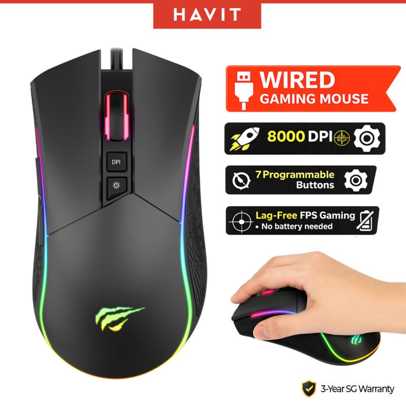 HAVIT Wired Gaming Mouse 8000 DPI | MS1001S | 7 Programmable Buttons | RGB | Ergonomic