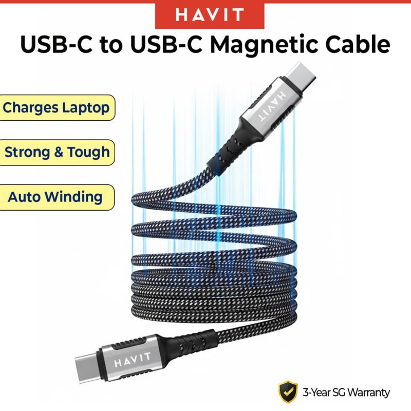 Havit 60W Magnetic Charging Cable | Laptop Fast Charging | USB-C to USB-C | Tangle-Free & Auto-Coil