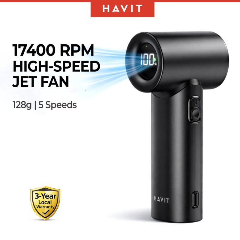 Havit Jet Fan 17400RPM | 128g Mini Handheld Fan | USB Rechargeable | 5-Speed Wind Control