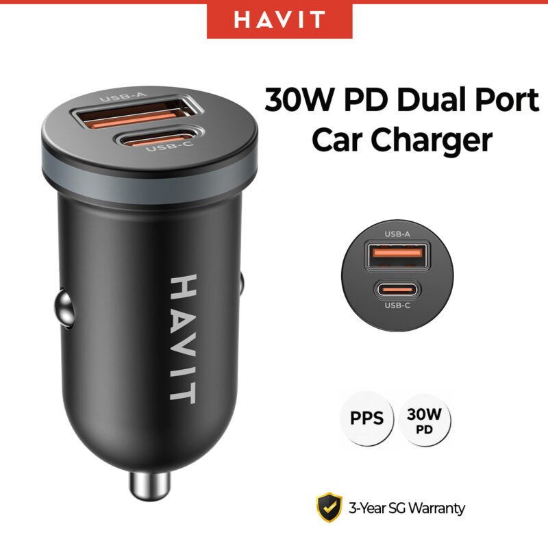 Havit 30W PD PPS Car Charger | Dual Port USB-C + USB-A Super Fast Charging