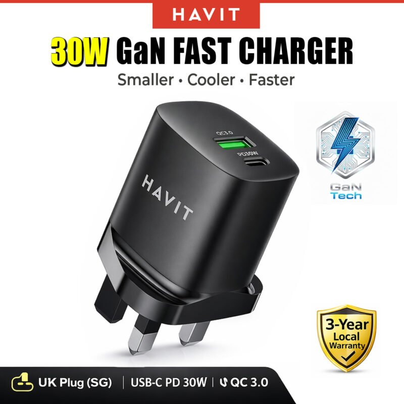 Havit 30W GaN Fast Charger | Dual Port USB-C PD & USB-A QC3.0