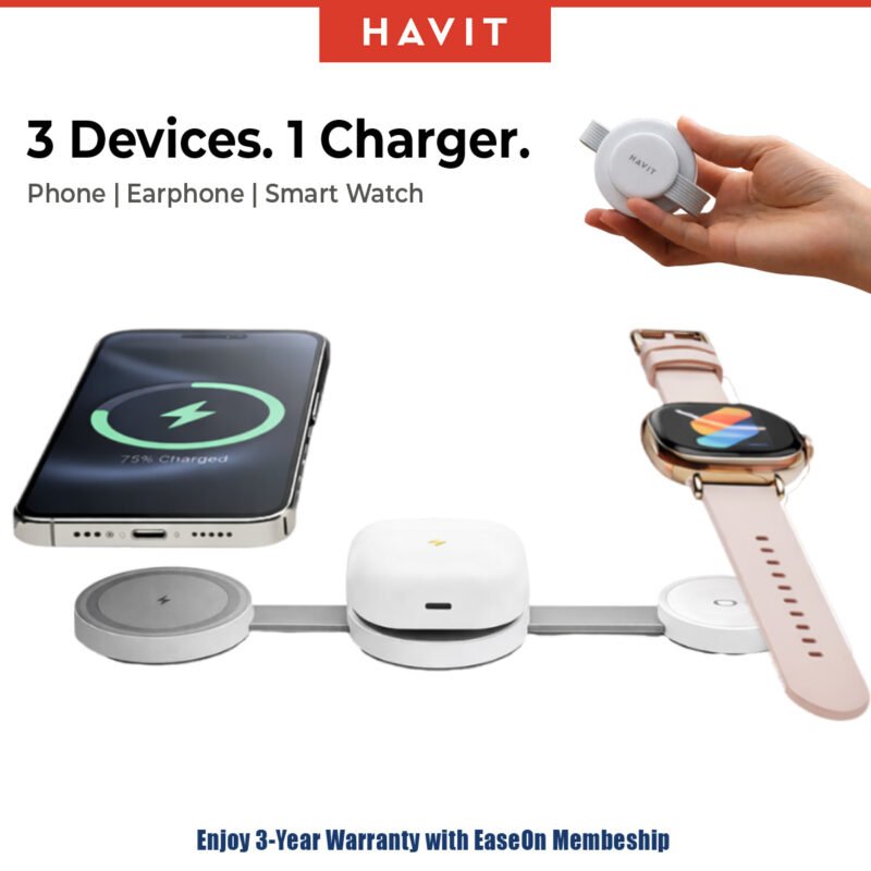 Havit 3 in 1 Wireless Charging Pad | Phone Watch Earbuds | 15W Foldable Travel Charger